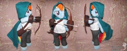 Size: 1024x413 | Tagged: safe, artist:allunacraft, derpibooru import, rainbow dash, arrow, bipedal, bow (weapon), bow and arrow, irl, photo, plushie, solo, weapon