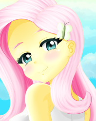 Size: 736x932 | Tagged: safe, artist:deaashmoon, derpibooru import, fluttershy, equestria girls, blushing, bust, cute, female, looking at you, looking back, looking back at you, looking over shoulder, shyabetes, sky background, smiling, solo