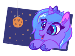 Size: 1000x750 | Tagged: safe, artist:lollipony, derpibooru import, princess luna, alicorn, pony, bust, cookie, cute, ear fluff, eye clipping through hair, eyes on the prize, female, filly, food, portrait, simple background, smiling, solo, transparent background, woona, younger