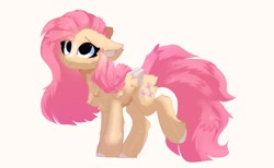 Size: 1788x1098 | Tagged: safe, artist:fluffy_sketch, artist:little-sketches, derpibooru import, fluttershy, pegasus, pony, alternate design, cheek fluff, chest fluff, colored hooves, colored wings, cute, ear fluff, eye clipping through hair, female, floppy ears, fluffershy, fluffy, folded wings, leg fluff, looking up, mare, multicolored wings, raised leg, simple background, smiling, solo, standing, two toned wings, white background, wings
