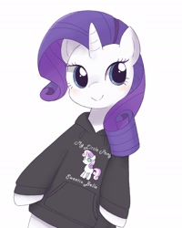 Size: 1552x1937 | Tagged: safe, artist:ginmaruxx, derpibooru import, rarity, sweetie belle, pony, unicorn, bipedal, blushing, clothes, cute, female, hoodie, mare, raribetes, simple background, solo, white background