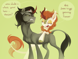 Size: 1413x1067 | Tagged: safe, artist:anotherdeadrat, derpibooru import, autumn blaze, king sombra, kirin, pony, unicorn, dialogue, duo, female, lidded eyes, male, open mouth, redraw, speech bubble, stallion