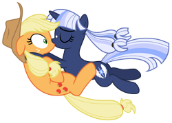 Size: 11133x7950 | Tagged: safe, artist:estories, derpibooru import, applejack, oc, oc:silverlay, earth pony, pony, absurd resolution, canon x oc, female, kissing, lesbian, shipping, silverjack, simple background, transparent background, vector