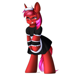 Size: 3000x3000 | Tagged: safe, artist:xcinnamon-twistx, derpibooru import, oc, oc only, oc:ruby star, apron, blushing, clothes, crossdressing, dress, glasses, maid, male, open mouth, reward, simple background, solo, transparent background