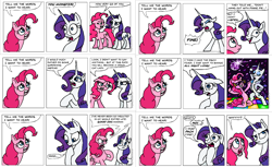 Size: 1010x618 | Tagged: safe, artist:gingerfoxy, derpibooru import, pinkie pie, rarity, earth pony, pony, unicorn, pony comic generator, comic, dancing, disco, yelling