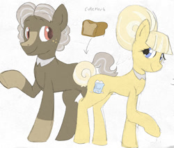 Size: 606x517 | Tagged: safe, artist:roachtoon, derpibooru import, oc, oc:bill cornbread, oc:june cornbread, oc:mr cornbread, oc:mrs cornbread, oc:roachtoon, earth pony, pony, baker, bakery, cornbread couple, couple, earth pony oc, female, freckles, husband and wife, male, married couple, mr cornbread, mrs cornbread, smiling, socks (coat marking), standing