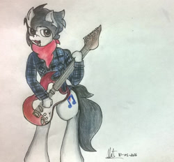 Size: 1554x1443 | Tagged: safe, artist:almaustral, derpibooru import, oc, oc only, oc:lighting wind, anthro, earth pony, clothes, earth pony oc, guitar, male, musical instrument, neckerchief, open mouth, signature, solo, traditional art