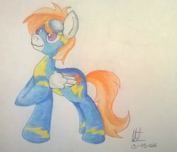 Size: 1659x1424 | Tagged: safe, artist:almaustral, derpibooru import, oc, oc only, pegasus, pony, clothes, goggles, pegasus oc, raised hoof, signature, smiling, solo, traditional art, uniform, wings, wonderbolts uniform