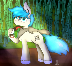 Size: 1270x1165 | Tagged: safe, artist:almaustral, derpibooru import, oc, oc only, earth pony, pony, bamboo, clothes, earth pony oc, hoof hold, machete, outdoors, scarf, signature, smiling, solo, traditional art, unshorn fetlocks