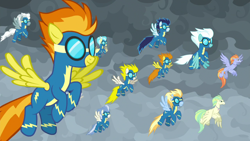 Size: 1920x1080 | Tagged: safe, derpibooru import, screencap, blaze, fleetfoot, misty fly, soarin', spitfire, surprise, hippogriff, the ending of the end, clothes, uniform, wonderbolts uniform