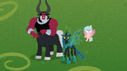 Size: 1920x1080 | Tagged: safe, derpibooru import, screencap, cozy glow, lord tirek, queen chrysalis, alicorn, centaur, changeling, changeling queen, pony, the ending of the end, alicornified, armor, bow, cloven hooves, colored hooves, cozycorn, female, filly, hair bow, male, nose piercing, nose ring, piercing, race swap, trio