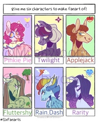 Size: 928x1148 | Tagged: safe, artist:miishwoom, derpibooru import, applejack, fluttershy, pinkie pie, rainbow dash, rarity, twilight sparkle, twilight sparkle (alicorn), alicorn, earth pony, pegasus, pony, unicorn, bust, clown, female, mane six, mare, redesign, six fanarts, watermark