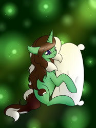 Size: 1280x1707 | Tagged: safe, artist:kaggy009, derpibooru import, oc, oc:peppermint pattie (unicorn), pony, unicorn, ask peppermint pattie, female, mare, pillow, solo