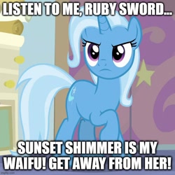 Size: 720x720 | Tagged: safe, derpibooru import, edit, edited screencap, screencap, trixie, student counsel, caption, image macro, implied oc, implied sunset shimmer, implied suntrix, text