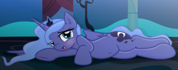 Size: 4097x1600 | Tagged: safe, artist:grapefruitface1, derpibooru import, princess luna, alicorn, pony, blushing, cute, draw me like one of your french girls, female, filly, lunabetes, lying down, prone, woona, younger