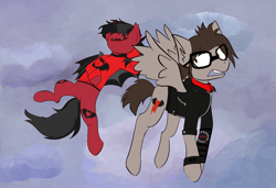 Size: 1920x1315 | Tagged: safe, artist:meaxtonly, derpibooru import, bat pony, pegasus, pony, armband, bat wings, clandestine industries, clothes, cloud, commission, duo, duo male, ear fluff, fall out boy, fangs, flying, glasses, hoodie, jacket, lying down, male, mikey way, my chemical romance, on back, open mouth, pete wentz, ponified, relaxing, scarf, shirt, sky, spread wings, stallion, undershirt, wings, wristband, ych result