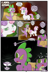 Size: 2000x3000 | Tagged: safe, artist:saurian, derpibooru import, twibooru import, spike, sweetie belle, dragon, comic:a minor chorus, :p, cave, comic, deleted from derpibooru, dialogue, explicit source, silly, stupid sexy spike, thighs, tongue out