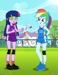 Size: 3090x4000 | Tagged: safe, artist:dieart77, rainbow dash, twilight sparkle, equestria girls, absurd resolution, clothes, commission, hypnosis, open mouth, pocket watch, shoes, shorts, socks, sports, sports shorts, swirly eyes, tanktop