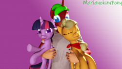 Size: 1920x1080 | Tagged: safe, artist:marianokun, applejack, twilight sparkle, twilight sparkle (alicorn), oc, oc:marianokun, alicorn, anthro, earth pony, unicorn, 3d, anthro with ponies, holding a pony, looking at you, mlp fim's tenth anniversary, purple background, simple background, sleeping, source filmmaker, twijack