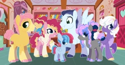 Size: 1280x665 | Tagged: safe, artist:vintagefeline, derpibooru import, li'l cheese, pinkie pie, soarin', oc, oc:blueberry snickerdoodle whiskin' whipped cream amelia aviation pie, oc:harlequin, oc:sugarhigh goldrush, earth pony, pegasus, pony, the last problem, alternate design, colored hooves, colt, eye clipping through hair, family, female, filly, male, mare, offspring, older li'l cheese, parent:pinkie pie, parent:soarin', parents:soarinpie, shipping, soarinpie, stallion, straight, sugarcube corner