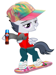 Size: 1873x2500 | Tagged: safe, artist:rapmlpandbttffan23, derpibooru import, edit, rumble, pegasus, pony, back to the future, back to the future ii, back to the future part 2, bipedal, bttf, clothes, colt, hat, hoverboard, jacket, looking at you, male, nike, pants, pepsi, pepsi perfect, shoes, simple background, soda, solo, transparent background