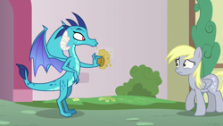 Size: 1280x720 | Tagged: safe, derpibooru import, screencap, derpy hooves, princess ember, dragon, pegasus, triple threat, backing away, duo, duo female, female, food, muffin, r.i.p derpy's delicious muffin, shocked face, squashed, squashing, this will end in revenge