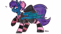 Size: 3555x2000 | Tagged: safe, artist:irusu_kun, derpibooru import, oc, oc only, oc:stardust, oc:stardust(cosmiceclipse), bat pony, pony, bow, clothes, crossdressing, femboy, maid, male, ponytail, simple background, socks, solo, stallion, striped socks, white background