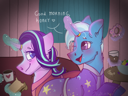 Size: 1024x768 | Tagged: safe, artist:valkiria, derpibooru import, starlight glimmer, trixie, pony, unicorn, banana, coffee, cookie, cup, cute, donut, female, females only, food, glowing horn, grapes, heart, horn, jewelry, lesbian, looking at each other, love, magic, mare, older, older starlight glimmer, older trixie, open mouth, redraw, redrawn, ring, sandwich, shipping, smiling, sofa, speech bubble, stars, startrix, table