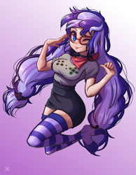 Size: 3840x4960 | Tagged: safe, artist:the-park, derpibooru import, oc, oc only, oc:cinnabyte, human, adorkable, bandana, clothes, cute, dork, gaming headphones, gaming headset, headphones, headset, humanized, jumping, one eye closed, smiling, socks, striped socks, wink