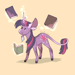 Size: 2000x2000 | Tagged: safe, artist:glitterstar2000, derpibooru import, twilight sparkle, unicorn twilight, classical unicorn, pony, unicorn, beard, book, bookhorse, facial hair, female, goatee, high res, leonine tail, levitation, magic, mare, simple background, solo, telekinesis, yellow background