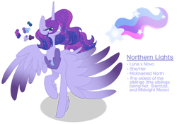 Size: 1280x903 | Tagged: safe, artist:magicuniclaws, derpibooru import, oc, oc:northern lights, alicorn, hybrid, colored wings, colored wingtips, female, magical lesbian spawn, mare, offspring, parent:princess luna, parent:queen novo, simple background, solo, transparent background