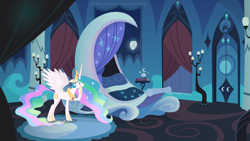 Size: 1280x720 | Tagged: safe, artist:boneswolbach, artist:dashiesparkle edit, derpibooru import, edit, editor:jaredking203, princess celestia, alicorn, pony, female, jewelry, luna's room, mare, overreacting, regalia, vector, vector edit