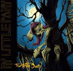 Size: 3241x3160 | Tagged: safe, artist:mixdaponies, derpibooru import, fluttershy, pegasus, pony, album cover, dead tree, fear of the dark, female, females only, fluttertree, fused, heavy metal, iron maiden, nightmare moon moon, parody, tree