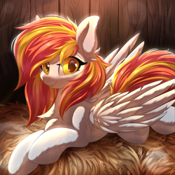 Size: 5000x5000 | Tagged: safe, alternate version, artist:ask-colorsound, derpibooru import, oc, oc:diamond sun, pegasus, pony, barn, commission, female, fluffy, hay, looking at you, lying down, mare, solo, ych result