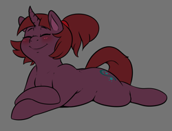 Size: 4157x3156 | Tagged: safe, artist:mr.smile, derpibooru import, oc, oc only, pony, unicorn, blushing, curved horn, eyes closed, female, gray background, lying down, mare, ponytail, prone, simple background, smiling, solo