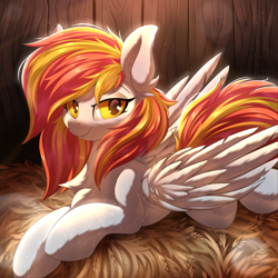 Size: 5000x5000 | Tagged: safe, alternate version, artist:ask-colorsound, derpibooru import, oc, oc:diamond sun, pegasus, pony, barn, bedroom eyes, commission, female, fluffy, hay, looking at you, lying down, mare, solo, ych result