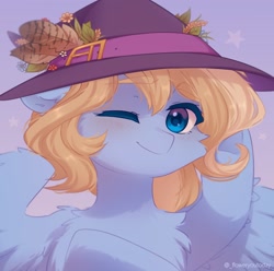 Size: 1279x1268 | Tagged: safe, artist:floweryoutoday, derpibooru import, oc, oc only, oc:lusty symphony, pegasus, bust, commission, female, flower, hat, leaves, mare, one eye closed, pegasus oc, smiling, wings, wink