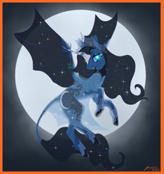 Size: 1700x1800 | Tagged: safe, artist:creeate97, derpibooru import, princess luna, alicorn, bat pony, bat pony alicorn, pony, spider, alternate design, bat wings, clothes, cute, cute little fangs, dress, fangs, female, flying, full moon, halloween, holiday, horn, leonine tail, looking at you, mare, moon, night, race swap, see-through, solo, wings