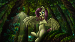 Size: 1920x1080 | Tagged: safe, artist:nuxersopus, derpibooru import, fluttershy, bird, pegasus, pony, cute, foliage, forest, moss, scenery, shyabetes, solo, that pony sure does love animals, tree, wisp