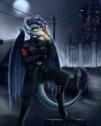 Size: 3200x4000 | Tagged: safe, artist:sinniepony, derpibooru import, oc, oc:smold, anthro, digitigrade anthro, dragon, equestria at war mod, arm under breasts, breasts, cigarette, clothes, dragon oc, dragoness, female, kgb, smoke, solo, stalliongrad, town, uniform