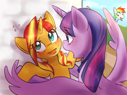 Size: 1400x1050 | Tagged: safe, artist:haden-2375, derpibooru import, rainbow dash, sunset shimmer, twilight sparkle, twilight sparkle (alicorn), alicorn, pegasus, pony, unicorn, blushing, cute, female, lesbian, mare, shimmerbetes, shipping, sunsetsparkle, twiabetes