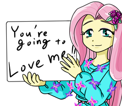 Size: 740x640 | Tagged: safe, artist:batipin, derpibooru import, fluttershy, equestria girls, looking at you, sign, simple background, solo, white background, you're going to love me