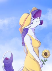 Size: 1280x1745 | Tagged: safe, artist:shimazun, derpibooru import, rarity, anthro, unicorn, digital art, eyes closed, female, flower, hat, leonine tail, smiling, solo, summer dress, sun hat, sunflower