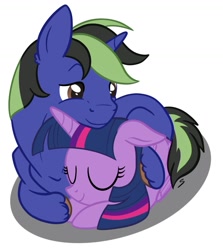 Size: 1402x1575 | Tagged: safe, artist:safizejaart, derpibooru import, twilight sparkle, twilight sparkle (alicorn), oc, alicorn, unicorn, canon x oc, hug, sleeping, smiling