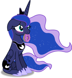 Size: 3680x3964 | Tagged: safe, artist:anime-equestria, derpibooru import, princess luna, alicorn, pony, blushing, crown, cute, donut, female, food, happy, horn, jewelry, lunabetes, mare, mouth hold, regalia, simple background, sitting, solo, transparent background, vector, wings