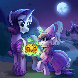 Size: 2000x2000 | Tagged: safe, artist:jedayskayvoker, artist:shadowreindeer, derpibooru import, rarity, sweetie belle, mermaid, pony, unicorn, collaboration, clothes, costume, cute, diasweetes, dress, female, filly, halloween, holiday, jack-o-lantern, levitation, magic, mare, mermarity, moon, night, nightmare night costume, princess, pumpkin bucket, raribetes, siblings, sisters, telekinesis