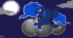 Size: 1054x550 | Tagged: safe, artist:maverickmam, derpibooru import, princess luna, alicorn, pony, cloud, ethereal mane, female, full moon, hoof shoes, jewelry, lying down, mare, moon, on a cloud, peytral, prone, signature, solo, starry mane, tiara