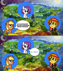 Size: 1386x1555 | Tagged: safe, artist:logan jones, derpibooru import, applejack, rarity, sunset shimmer, pony, unicorn, equestria girls, 2 panel comic, accent, captain n, comic, equestria, font, hello mario, map, meme, nintendo sex ed, ponified meme, super mario bros. super show