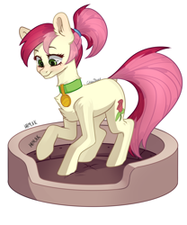 Size: 2500x3000 | Tagged: safe, artist:chibadeer, derpibooru import, roseluck, earth pony, pony, alternate hairstyle, behaving like a cat, chest fluff, collar, cute, cuteluck, cyrillic, female, fluffy, mare, pet bed, pet tag, pony pet, ponytail, rosepet, russian, solo