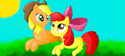 Size: 1051x475 | Tagged: safe, artist:maverickmam, derpibooru import, apple bloom, applejack, earth pony, pony, bow, duo, female, filly, hair bow, hat, lying down, mare, outdoors, prone, siblings, sisters, sun